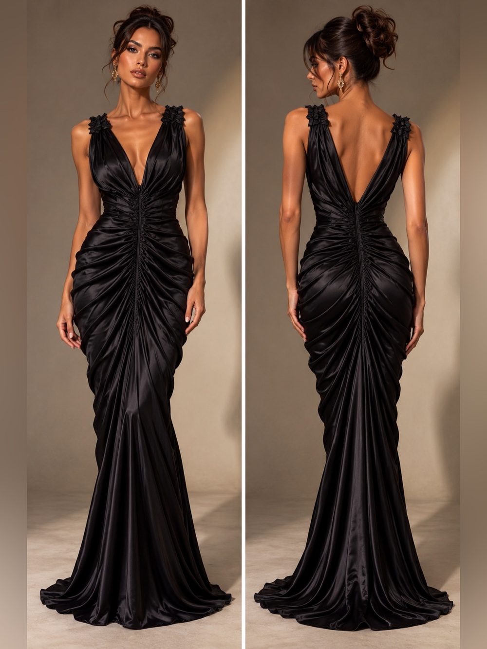 VTG Tadashi Shoji Black Silk Jersey Ruched Draped Mermaid Gown Fits Size 4 6